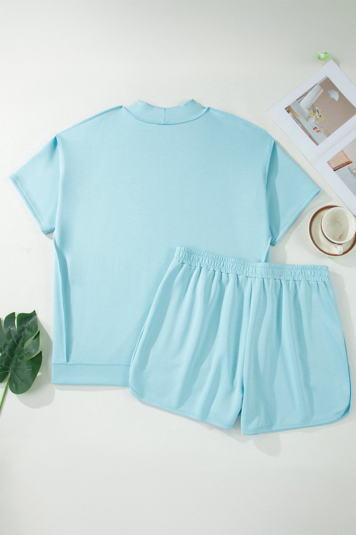 Plus Size Mock Neck Exposed Seam Tunic Top & Shorts Set