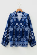 Plus Size Floral Notch Neck Long Sleeve Blouse