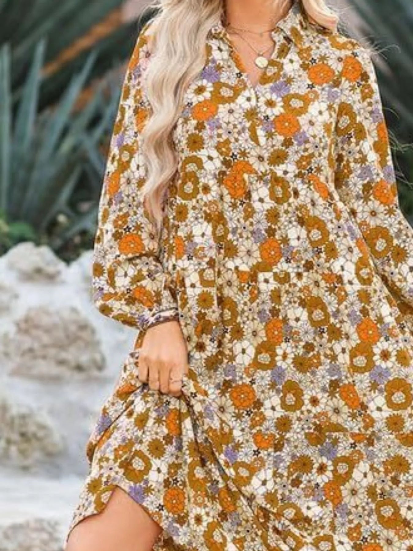 Floral Print Balloon Sleeve Midi Dress