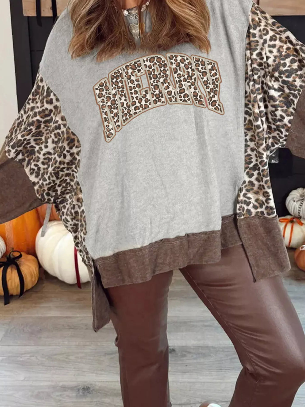Color Block Leopard Contrast Letter Graphic Christmas Sweatshirt