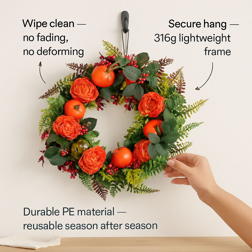 Autumn Wreath with Pumpkin, Leaves and Berries