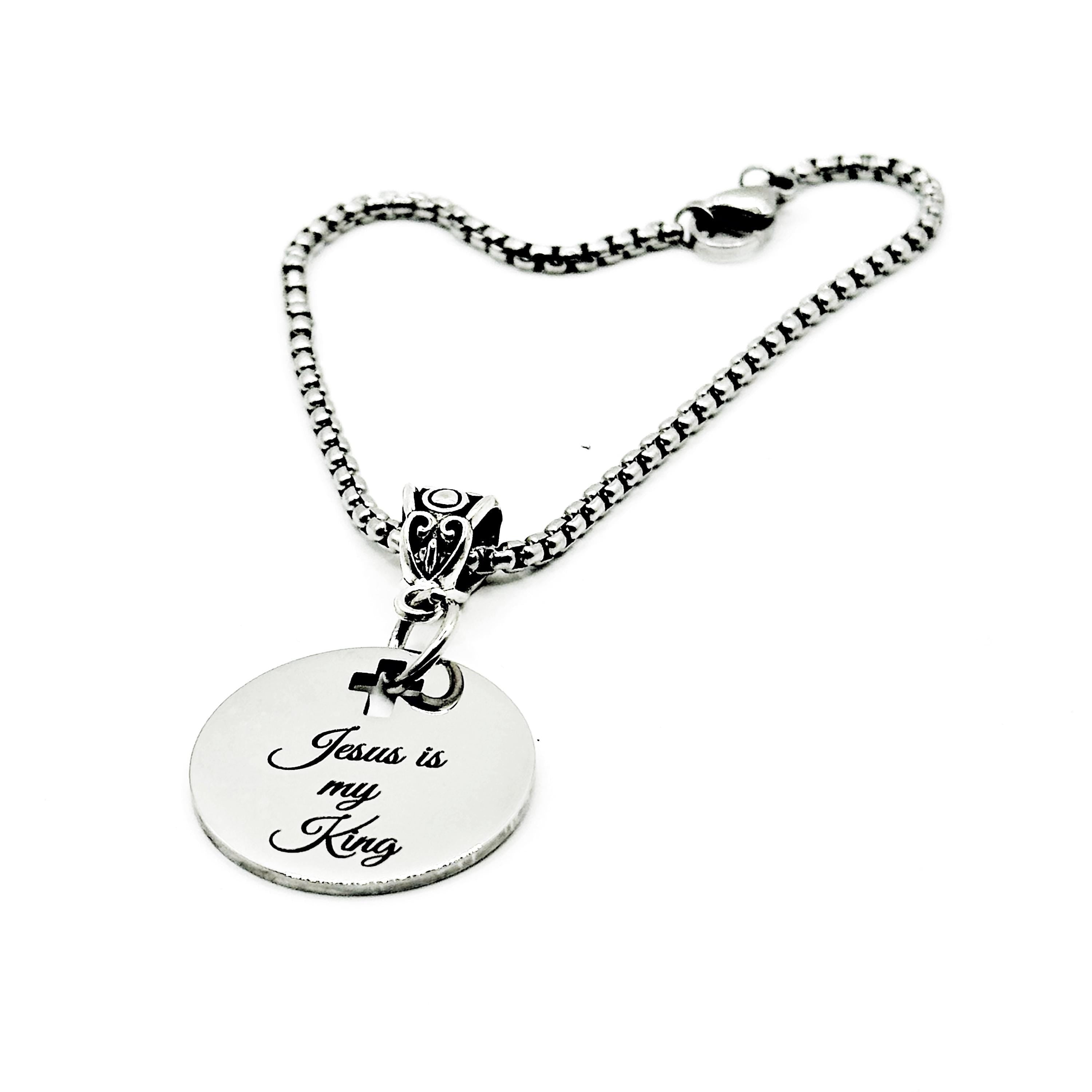 Jesus Is My King Bracelet Stainless Steel Box Chain Engraved Charm With Cross Cut Out Faith Jewelry Gift From JKCE Designs