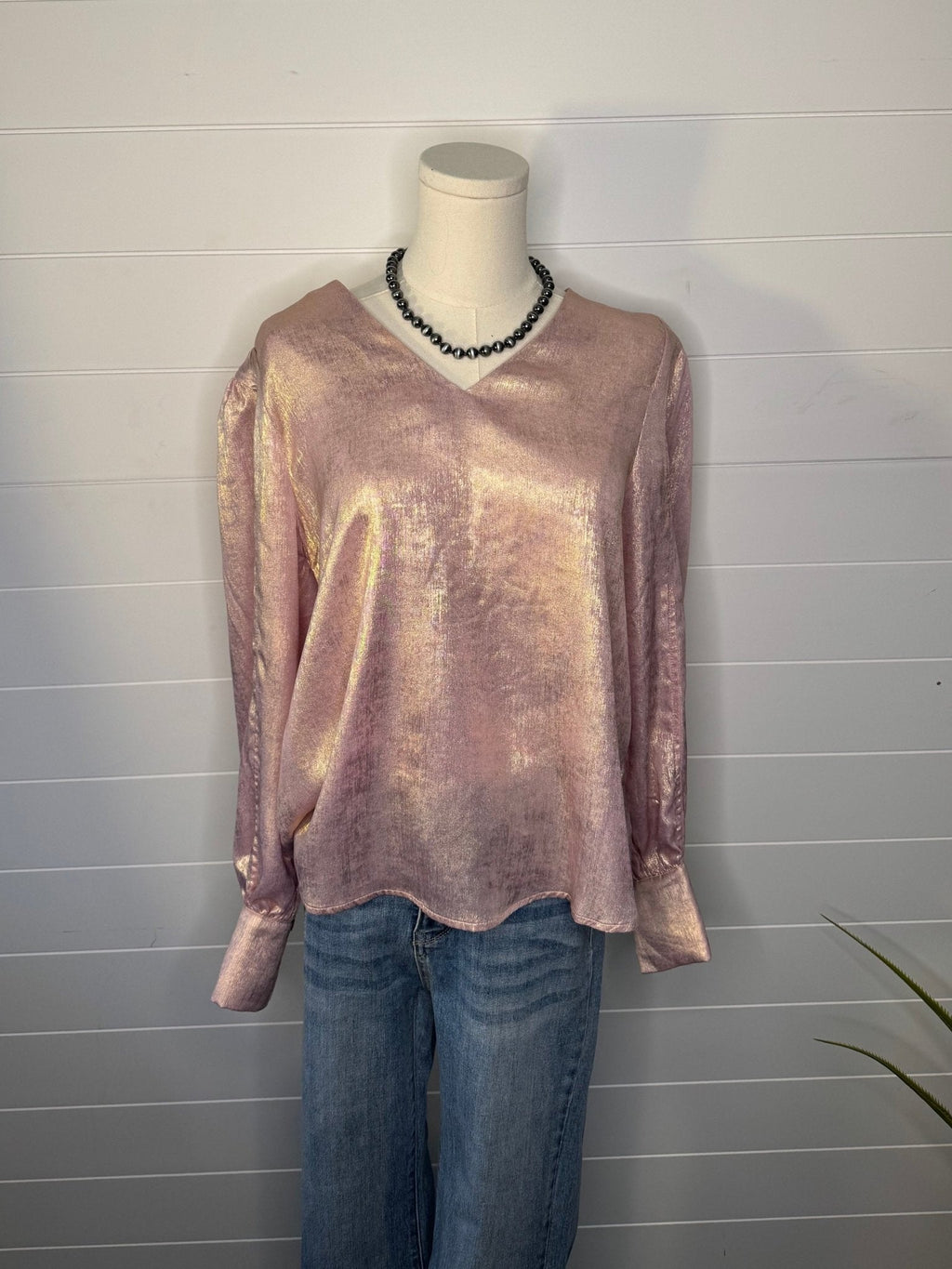 Jodifl Metallic Western V-Neck Puff Sleeve Blouse — Lightweight Elegant Layering Piece