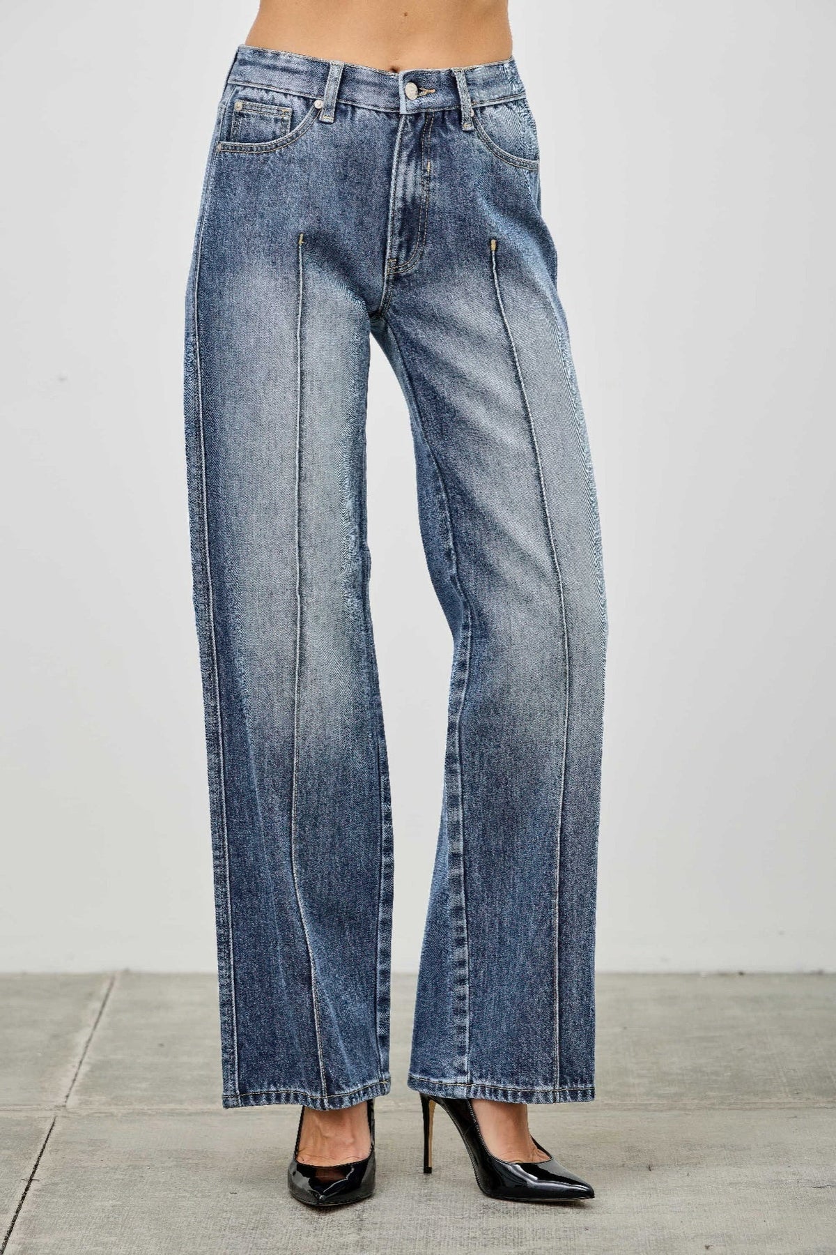Women's Mid Rise Straight Leg Pintuck Denim Jean Pants