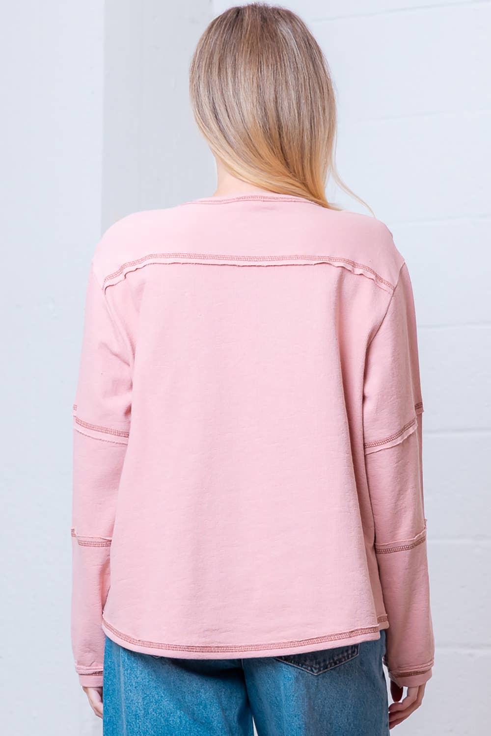 Taelynn "Outlaw" Western Embroidered Long-Sleeve Top — Soft Mauve Boat Neck with Exposed Seams