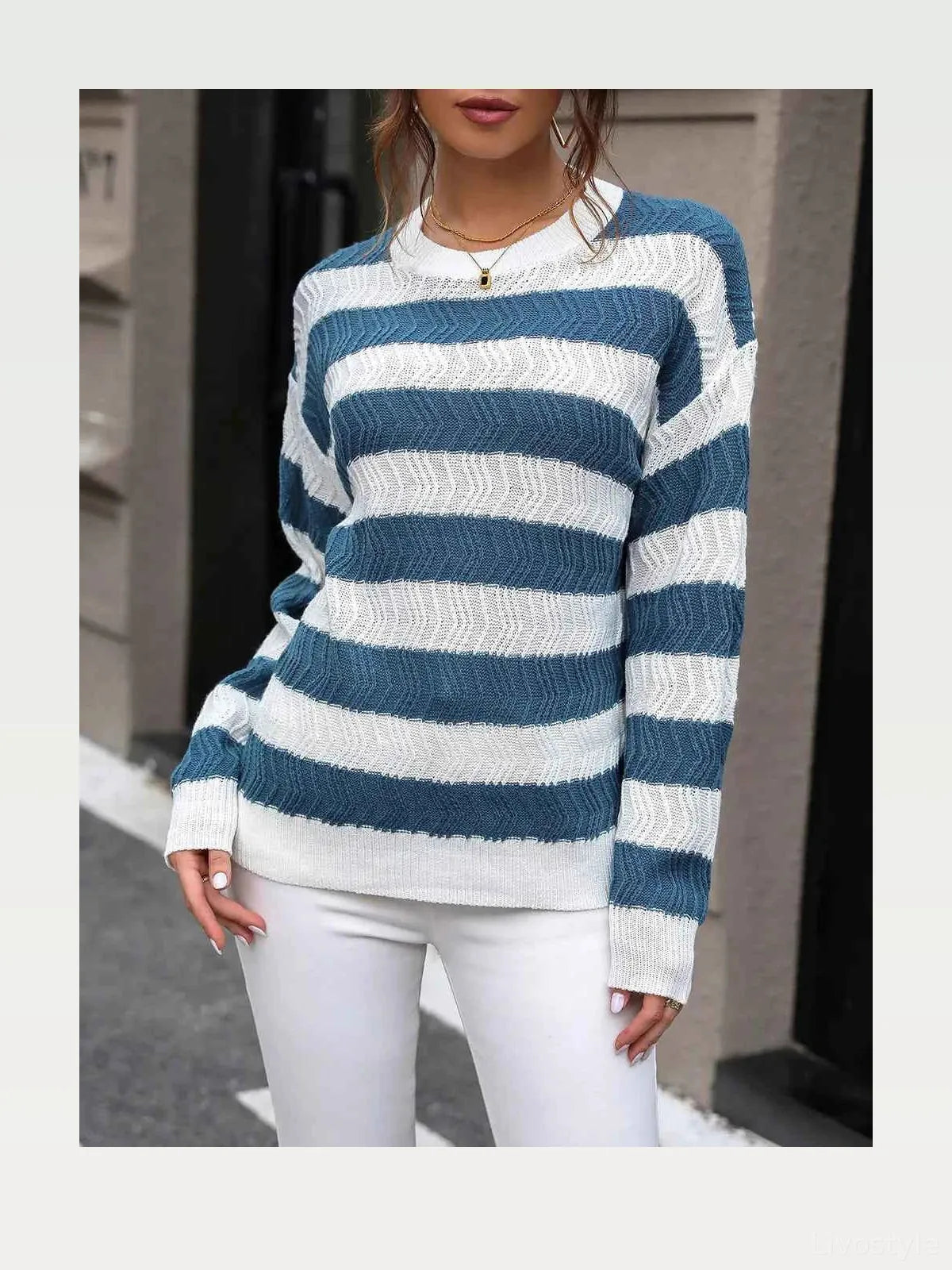 Striped Round Neck Dropped Shoulder Sweater