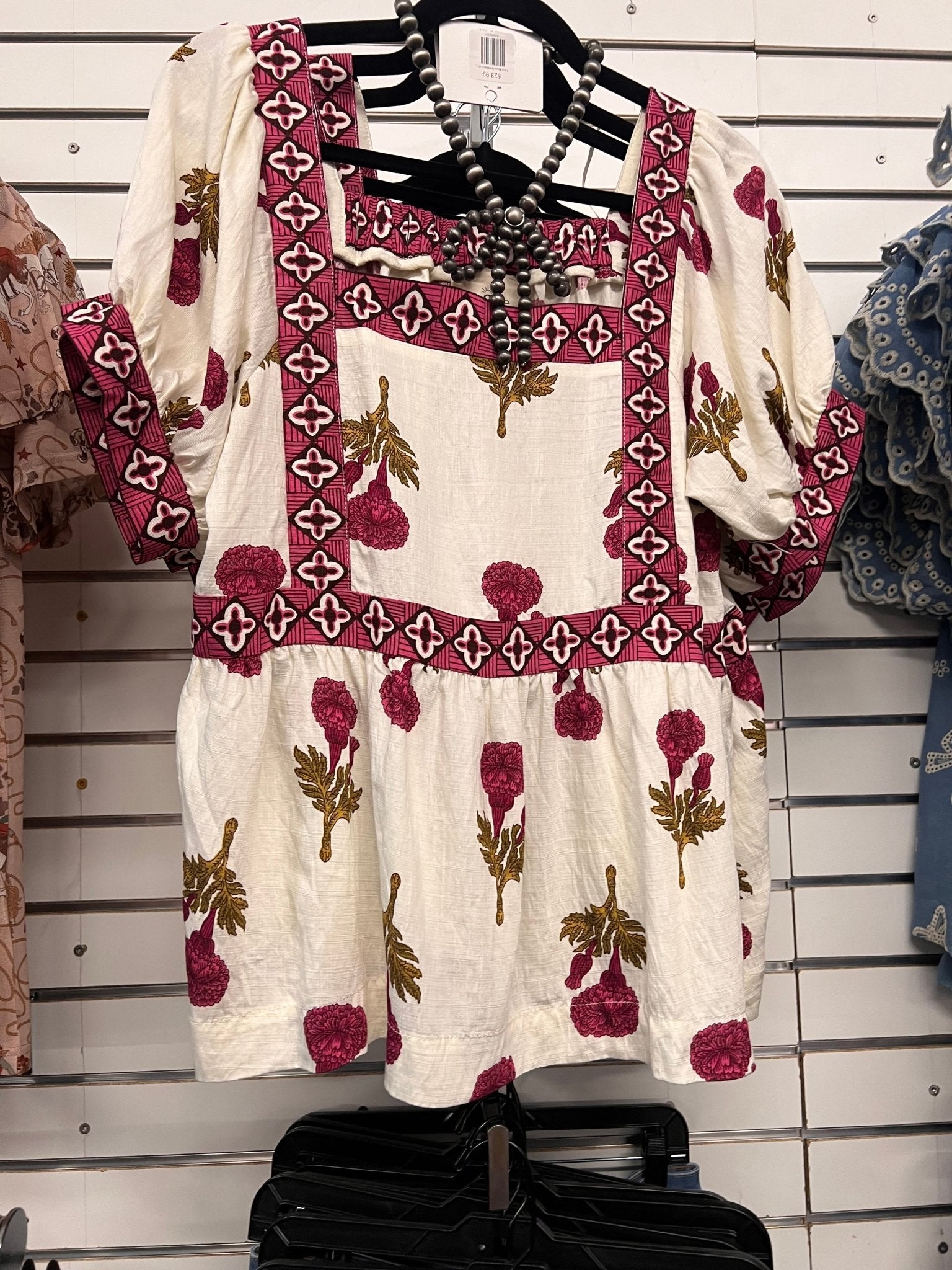 Umgee "Prairie Marigold" Western Boho Blouse — Embroidered Contrast Trim with Square Neck & Puff Sleeves (Red & Olive Floral)