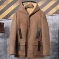 Men’s Shearling Hooded Suede Leather Bomber Long Jacket Trench Coat