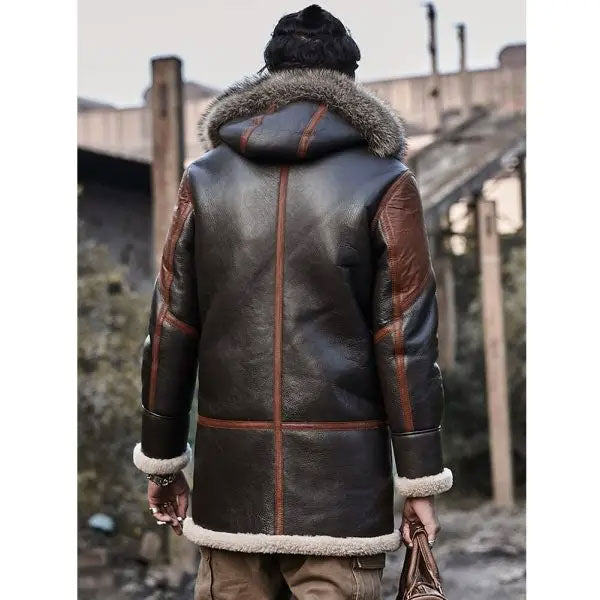 Men’s Hooded Bomber Shearling Leather Jacket Trench Coat