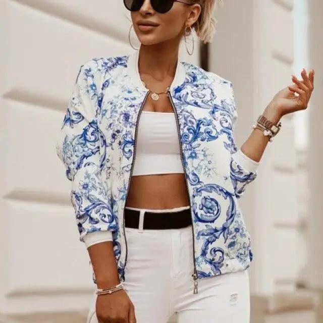 Stunning Flower Print Long Sleeve Women's Bomber Jacket Fashionable Zipper Up Vintage Coat Tops Elegant Slim Basic Ladies Jackets Outwear