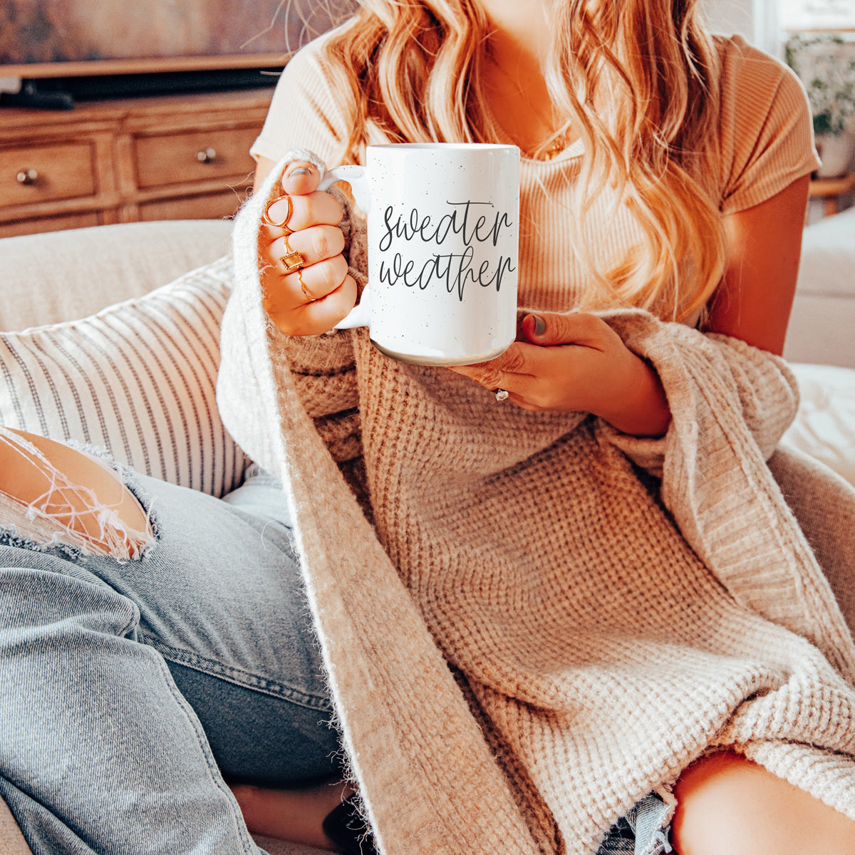 Sweater Weather Ceramic Mug 16oz - Cozy Autumn Winter Coffee Tea Cup