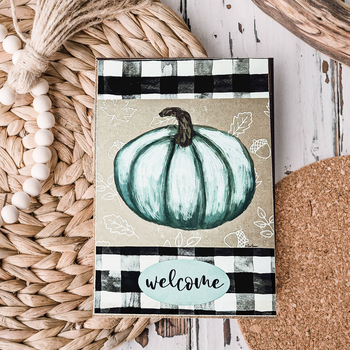 Teal Pumpkin Welcome Sign 6x4x1 Handmade Wood Halloween Gingham Accent