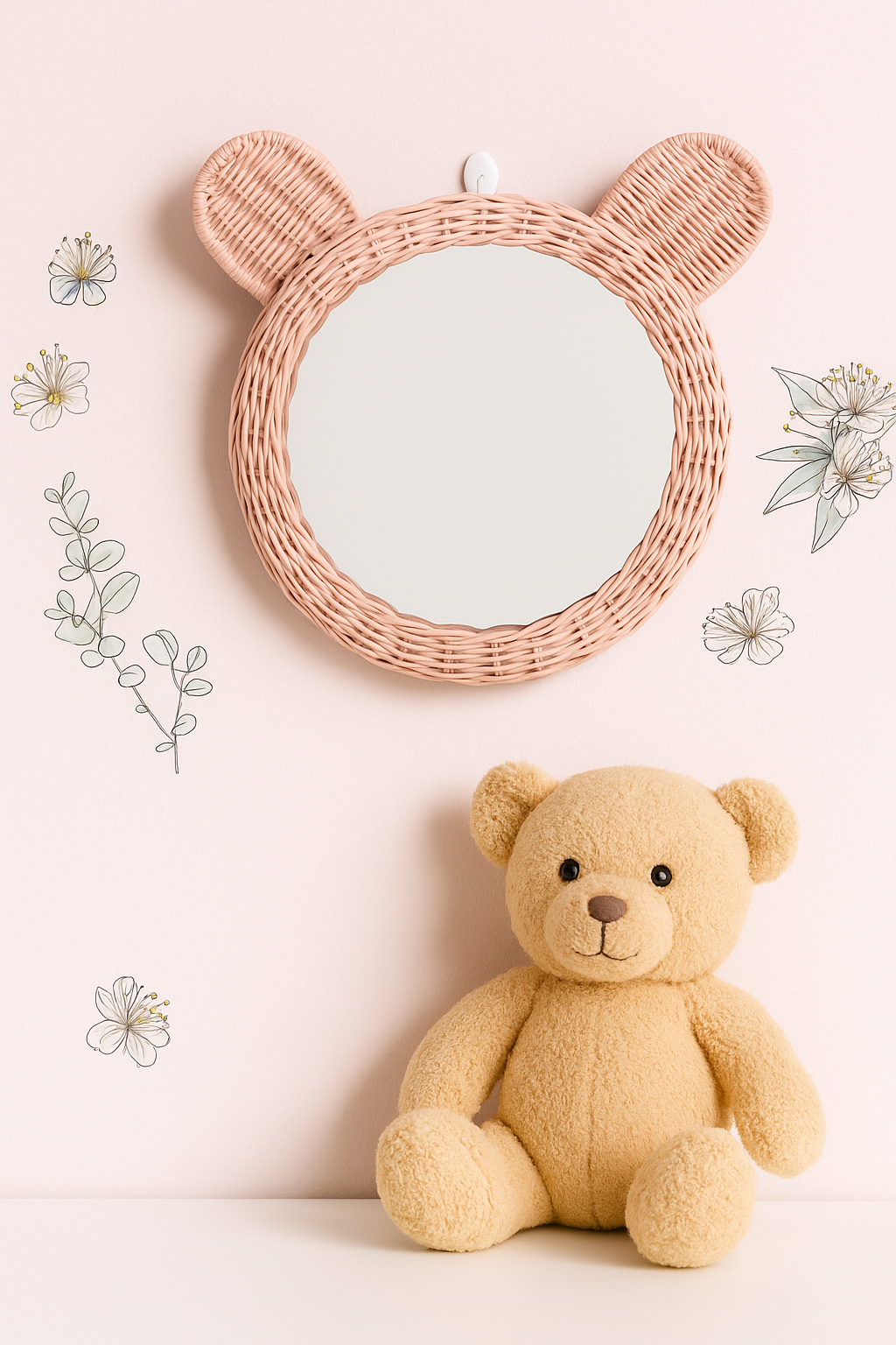 Kids Pink Rattan Teddy Bear Wall Mirror – Baby Girl Nursery & Kids Room Décor Gift